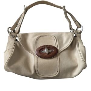 Hogan Ivory Authentic Leather Women's Bag with Wooden Accent